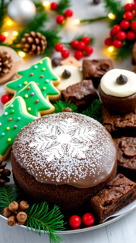 Delicious No-Egg Christmas Desserts A beautiful assortment of no-egg Christmas desserts including chocolate cake, sugar cookies, and brownies on a festive platter.